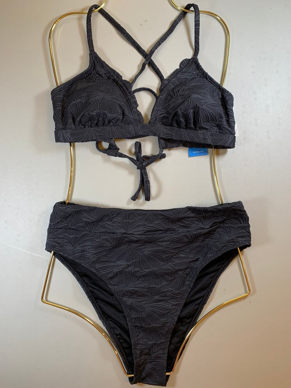 NWT Cupshe Black Textured Strappy‎ Back Bikini Size Medium